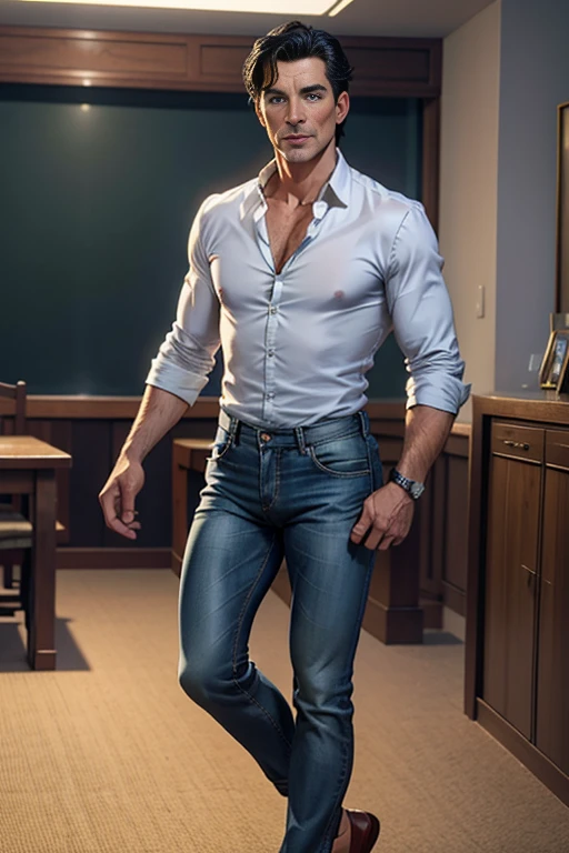 RAW photo of an elegant man, 50 years old, European, light green eyes, black hair blurred background, full body plane, blue jeans, white shirt, looking at camera, cinematic, small details, photorealistic, ultrarealistic photo, 8k uhd, dslr, soft lighting, high quality, film grain, Fujifilm XT3, (masterpiece),