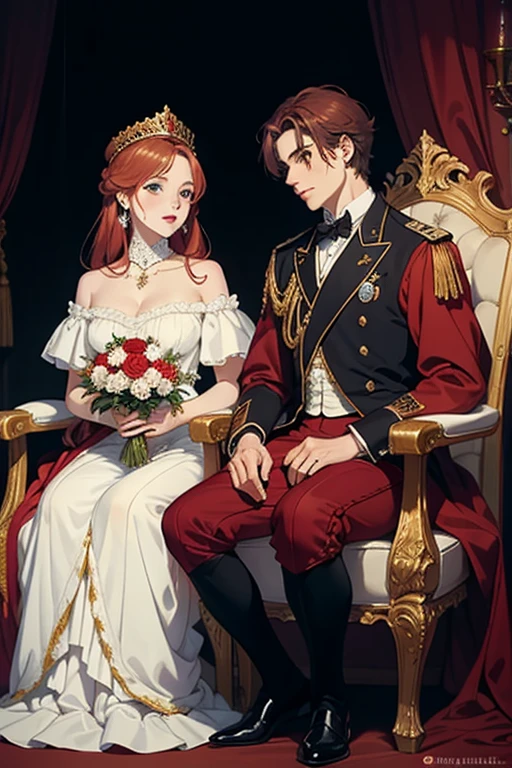 ((Best Quality)), (detailed) couple, red hair, seductive and serene green eyes, White skin, seated on a throne and crowned with golden laurels, they look like brothers.
a paraguayan flag hanging. 1845 vases with burucuyá flowers and roses.
supreme and royal atmosphere. ((19th century)), ((anime))