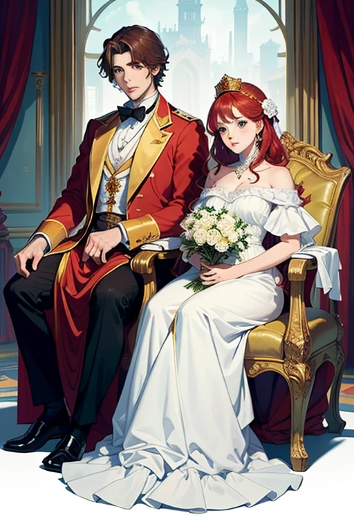 ((Best Quality)), (detailed) couple, red hair, seductive and serene green eyes, White skin, seated on a throne and crowned with golden laurels, they look like brothers.
a paraguayan flag hanging. 1845 vases with burucuyá flowers and roses.
supreme and royal atmosphere.  ((19th century)), ((anime))