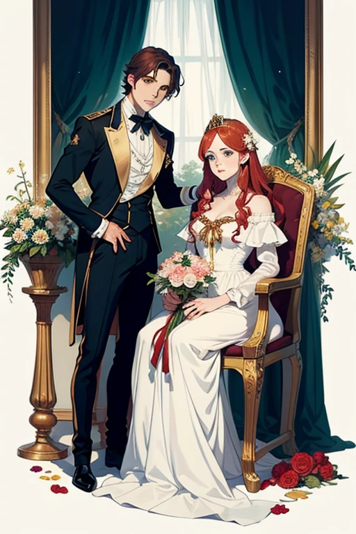 ((Best Quality)), (detailed) couple, red hair, seductive and serene green eyes, White skin, seated on a throne and crowned with golden laurels, they look like brothers.
a paraguayan flag hanging. 1845 vases with burucuyá flowers and roses.
supreme and royal atmosphere. ((19th century)), ((anime))