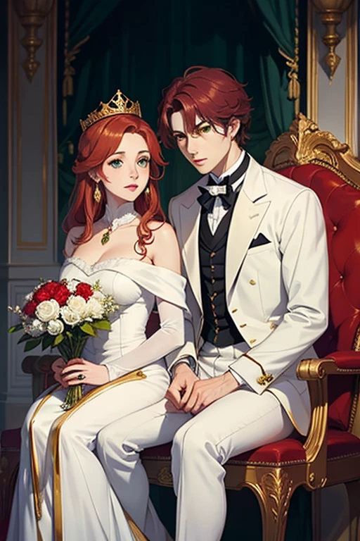 ((Best Quality)), (detailed) couple, red hair, seductive and serene green eyes, White skin, seated on a throne and crowned with golden laurels, they look like brothers.
a paraguayan flag hanging. 1845 vases with burucuyá flowers and roses.
supreme and royal atmosphere.  ((19th century)), ((anime))