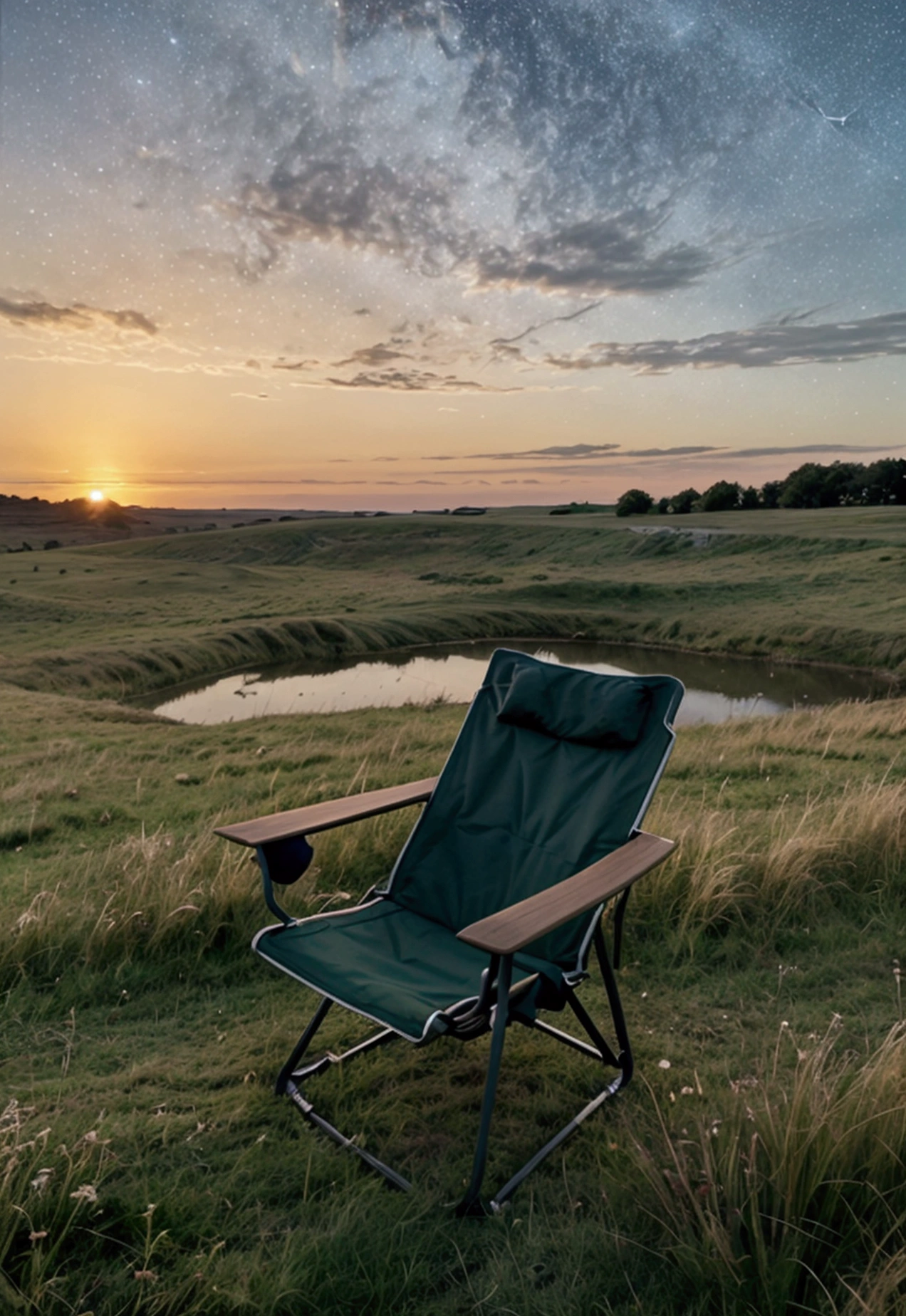 detailed, high quality, grassland, happy, outside, in the sky, in the grassland, with a water, surrounded by stars, with a chair, at sunset, flat background