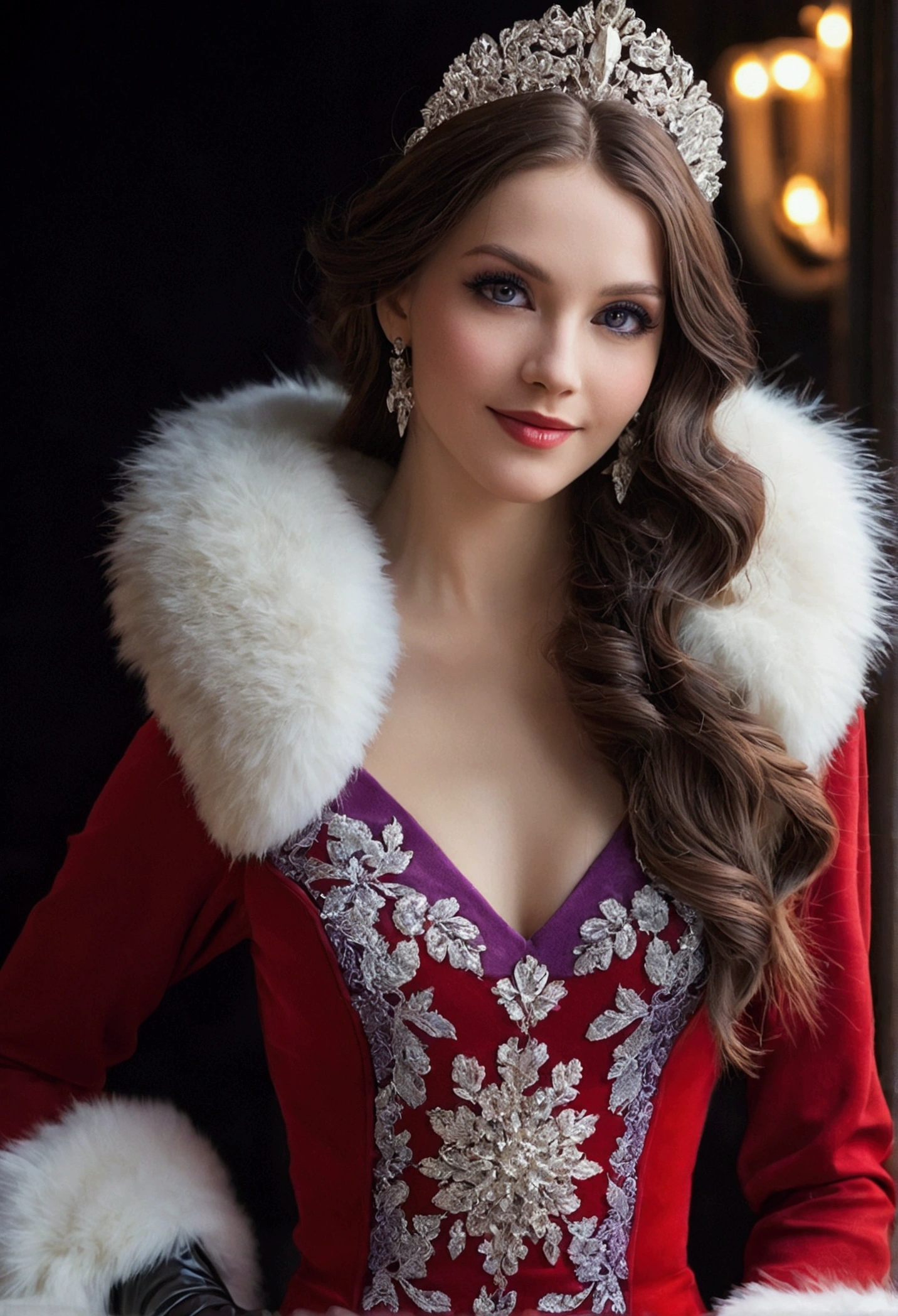 A stunning portrait of the beauty of Anna Dittman, dressed in a figure-hugging red and white dress with fur trim, wide sleeves, and gloves, against a darker bokeh background. Her long ash-brown hair falls down her back, while she looks directly at the viewer with an enchanting smile (1, 4). Her realistic violet eyes sparkle with fascination. The focus is sharp, Highlighting the intricate details of her outfit, from the delicate patterns to the subtle texture of the fur trim. A stunning example of hyper-detailed close-ups.Latex