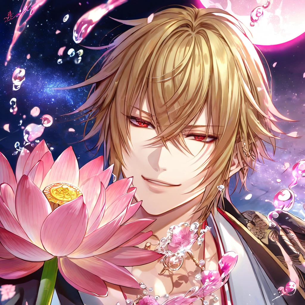 absurdres, highres, ultra detailed, HDR, master piece, best quality, extremely detailed face, delicated features, Kazama Chikage, dark blonde hair, expressive red eyes, Hakuouki, solo, sexy man, handsome, smile, white kimono, black haori, pink lotus, pink petals, water, magical, fantasy, pink moon, starry sky, envy magical