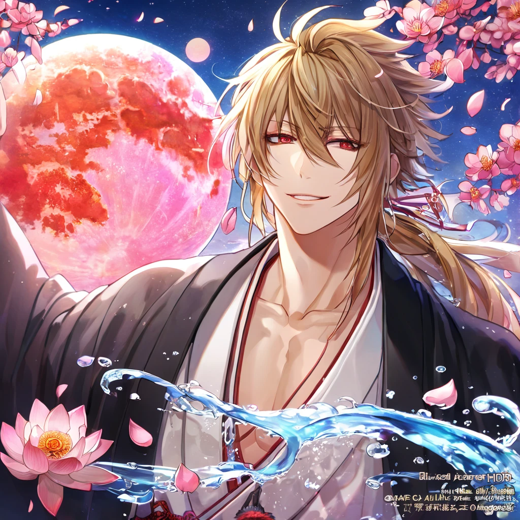 absurdres, highres, ultra detailed, HDR, master piece, best quality, extremely detailed face, delicated features, Kazama Chikage, dark blonde hair, expressive red eyes, Hakuouki, solo, sexy man, handsome, smile, white kimono, black haori, pink lotus, pink petals, water, magical, fantasy, pink moon, starry sky, envy magical