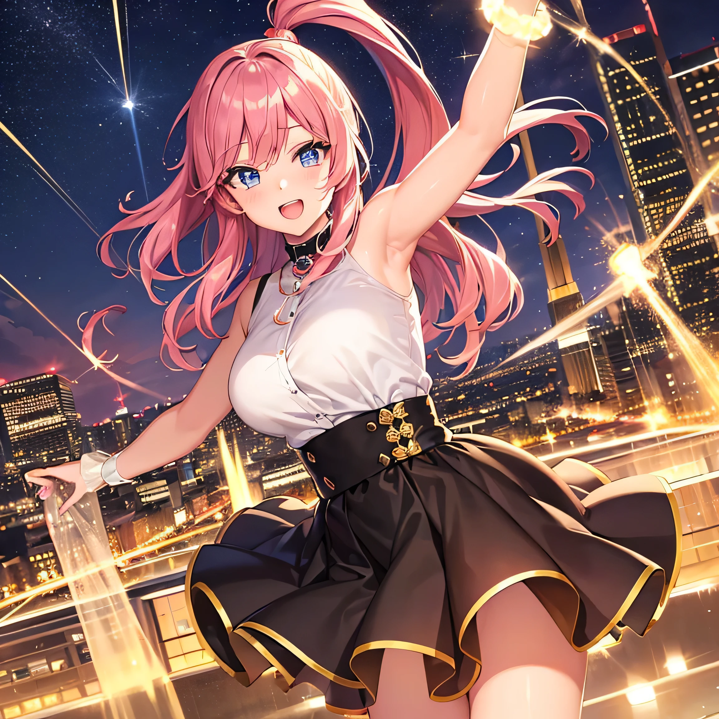 アニメ, citypop, Night view, Emotional, girl, Blend into the background,, City night scene with bright lights, a fashionable girl dancing with sparkling eyes, showcasing youthful energy and stylish outfit, under a starry night sky in an urban setting.