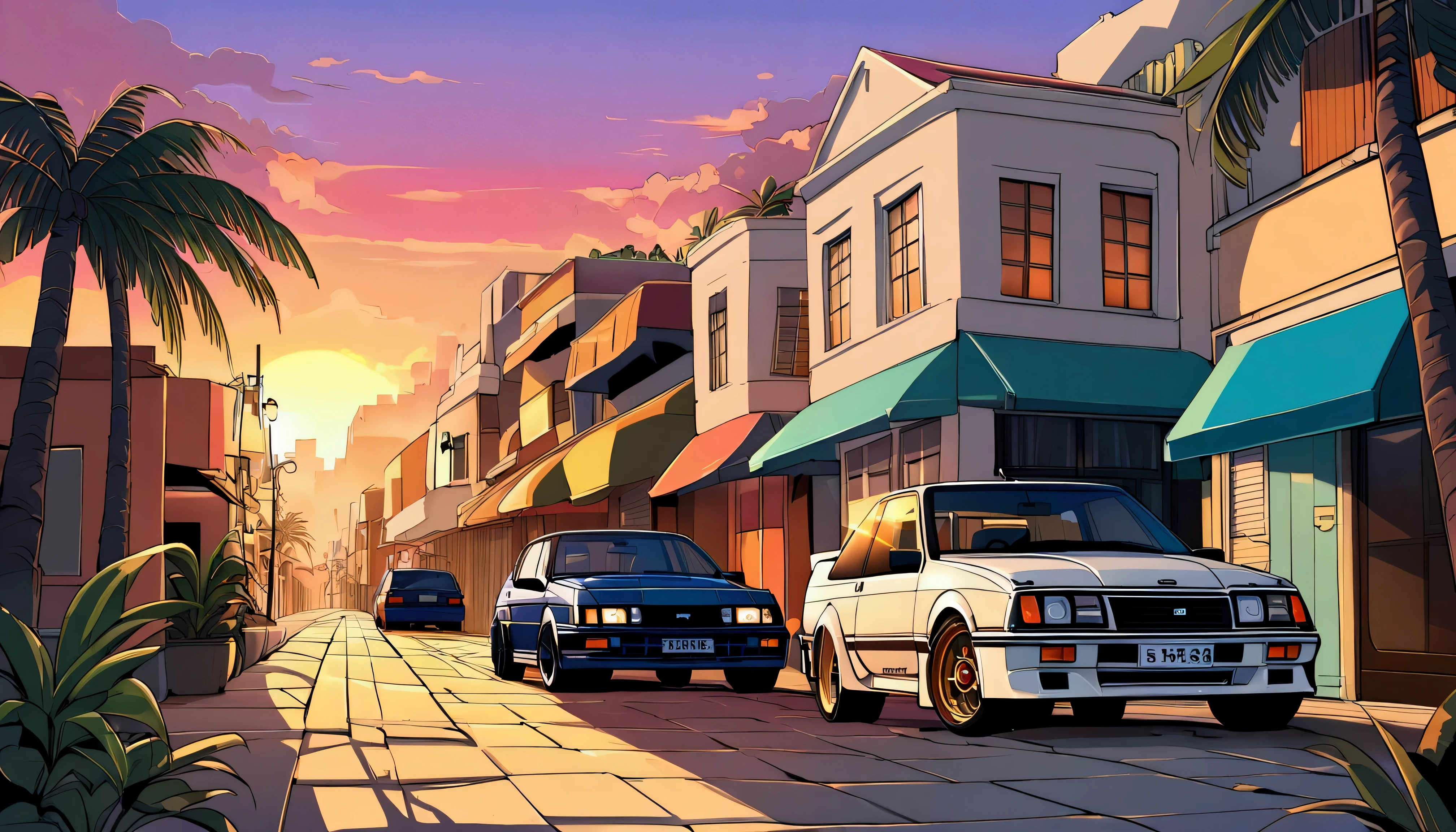 ((TShirt Design)), Ford Sierra RS Cosworth(1985), Sunset background, Palm tree, Layers with 5 colors, Corner Street, Belek's Drums, Plethean,