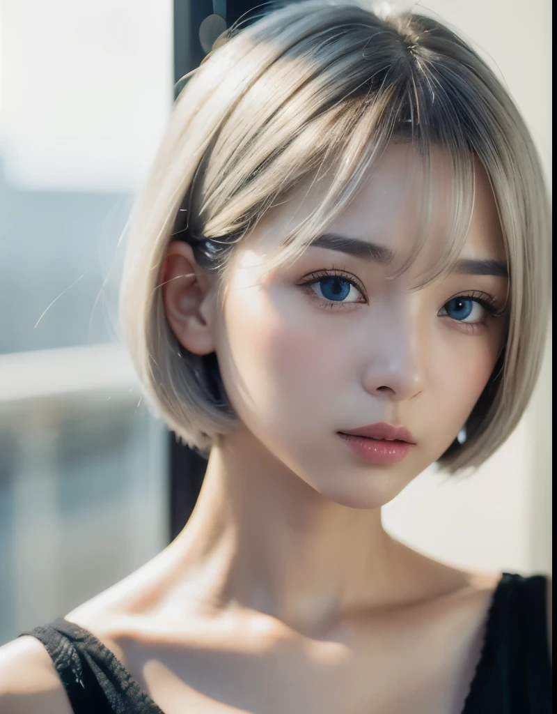 Highest quality, Face Focus, Soft Light, Ultra-high resolution, (Realistic:1.4), RAW Photos,((Silver hair in a short bob cut))、One Girl, alone, cute, (pupil, light in your eyes), Beautiful face in every detail, (Small Box),(High resolution detail of human skin texture),(Silver hair in a short bob cut),Malface、Droopy eyes、Beautiful double eyelids、K-POPアイドル、
indoor,camisole,(Portraiture)、I can see her