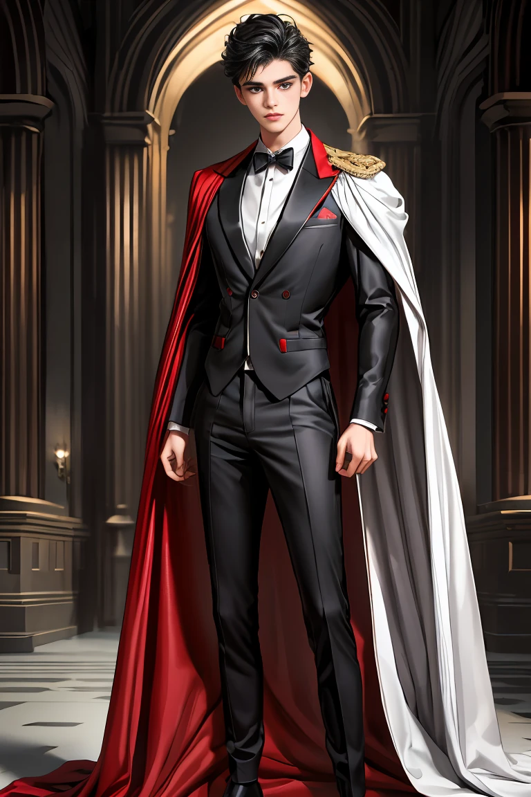 masterpiece, 最high quality, high quality, 1 boy, alone, Male focus, Watching the audience, Messy black hair, Adorable big blue eyes, White, Noble, Noble,A black and red cape that is bursting with sexy volume、Tuxedo、A very voluminous, large, very large, very large, long, long red and black cape with a high stand-up collar, made of a lot of fabric that reaches down to the floor., s old,Cute beautiful boys,Cute, cute, kind, handsome guy