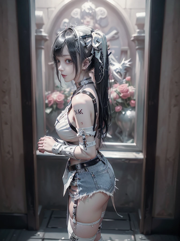 (Full body:1.5)、(Full body:1.2)、(Smiling with teeth showing:1.3),(Shibuya Gal:1.5)、(Neo-goth style fashion:1.5)、(Punk RockVisual Kei:1.4)、(Medieval noble gimp in denim and silver and white:1.5)、(Denim medieval white arm covers and garter shorts:1.5)、(White denim high heels:1.3)、(Wearing silver accessories:1.5)、(Denim collar:1.4)、(White leather garter belt:1.4)、(Brown Skin Belt:1.3)、(White lace underwear:1.5)、20-year-old、NSFW、((Highest quality、In 8K、masterpiece:1.3))、Sharp focus:1.2、(Layered Cut、Huge boobs:1.1),Beautiful woman with perfect figure:1.4、(Dancing vigorously:1.3)、Slender Abs:1.2、Highly detailed face and skin texture、Detailed eyes、double eyelid,(Twin tails:1.3)、(Black Hair:1.3)、Gravure idol、(The background is a VIP room of a high-class cabaret club surrounded by roses on a sunny day outdoors.:1.3)、(Slim body:1.3),(Make your legs thinner:1.4),(clavicle:1.1)