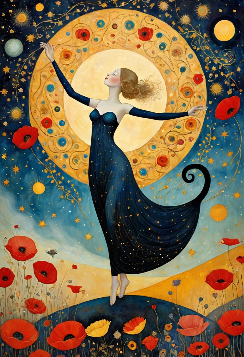 Art style of Klimt, Sam Toft, Florine Stettheimer, Dina Wakley, Catrin Welz-Stein, Gabriel Pacheco, Elisabeth Fredriks. A woman with bare breasts and dark blond hair, dances with uplifted arms against the backdrop of a starry sky that merges into a swirling cosmos with stylized celestial bodies and planetary rings in bright, warm colors. A cat standing on its hind legs, tries to catch with its front paws, the sun while other cats watch it. The ground is adorned with delicate stylized flowers and trees with branches and red, yellow poppies and , suggesting an otherworldly garden.  The cat has a sweet expression and his presence adds a magical and surreal touch to the scene.