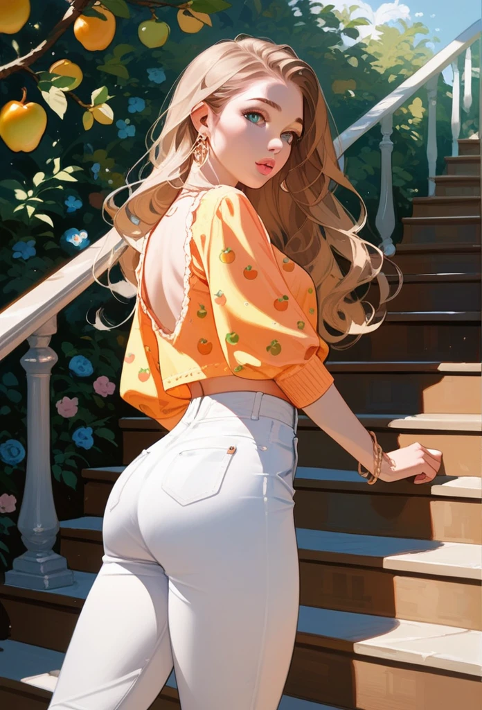 1 girl, peach skin, long wavy brown hair, big fleshy lips, posing on the stairs, beautiful and attractive pear-shaped body, curved, adolescent, wearing colorful blouse, White pants