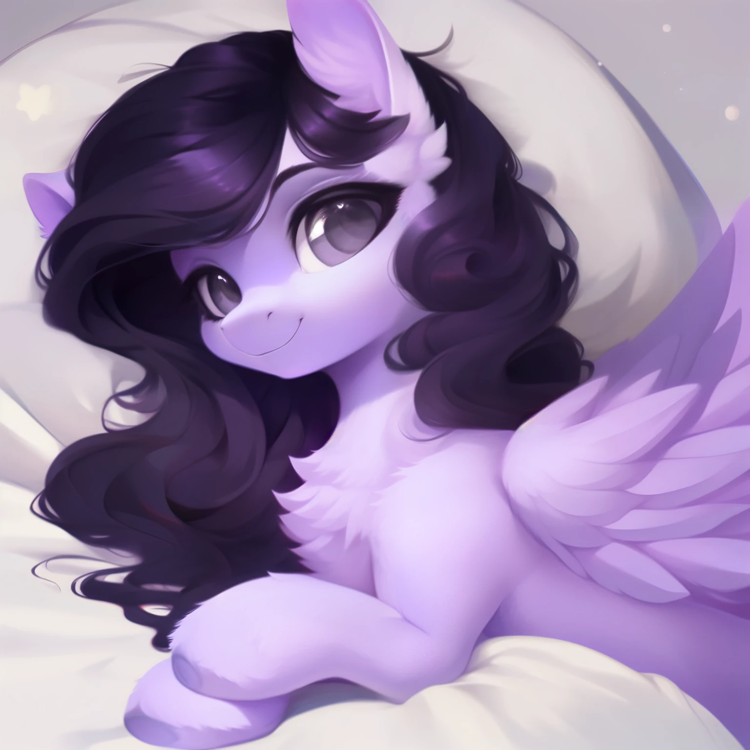 rating_safe, score_9, fluffy, feral pegasus pony, female,round cute face， Lavender purple body, black-purple mane, disheveled hair, soft and delicate long hair, clear grey eyes, grey eyes, smiling. dynamic。young and beautiful。Lying in bed，White bed，High and cold