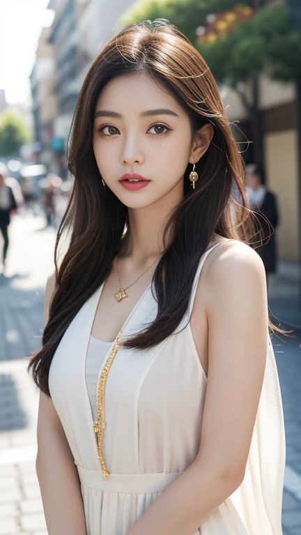 cute girl: Asian, So cute;
Year: 18〜20-year-old;
hair: Bronze Orange, Smooth, shimmering in the sunlight, detailed;
skin: Ivory White, Rosy and perfect;
eye: Jet Black, Almond-shaped, sexy, like々Shii, clear, super detailed, elegant, Charm, sharp makeup, Realistic, eyeを引く, eye contact;
eyelid: delicate, delicate, perfectly 美Shii;
eyebrow: Arched, sparse, sharp;
face: 美Shii, Pure, 妖精like, 優Shiiメイクで, Lovely, Perfect balance, 美Shii in every detail;
nose: cute, Lovely, expensive;
cheekbone: eye立つ;
lips: Charm, light red lipstick, Lovely lip gloss;
teeth: Shine, Pure white;
cute笑face, showing off bright white teeth;
body: likeさ溢れる;
accessories: necklace, Earrings, Jade Bracelet;
Costumes: Hyacinth color，Silk Fabric, delicate, embroidered with flowers;
Fashion Style: expensive-end, Modern 2024, luxury;
Photo quality: Non-NSFW, 8K CG HD, sharp, super 美Shii graphics, Professional, detailed, Vibrant colors, super Smooth, Advanced Technology, True RAW;
Lighting: Complex color scheme, Golden black rays;
sunlight: Sparkling, illuminating the girl's body;
setting: Lively streets, 涼Shii緑の木々.