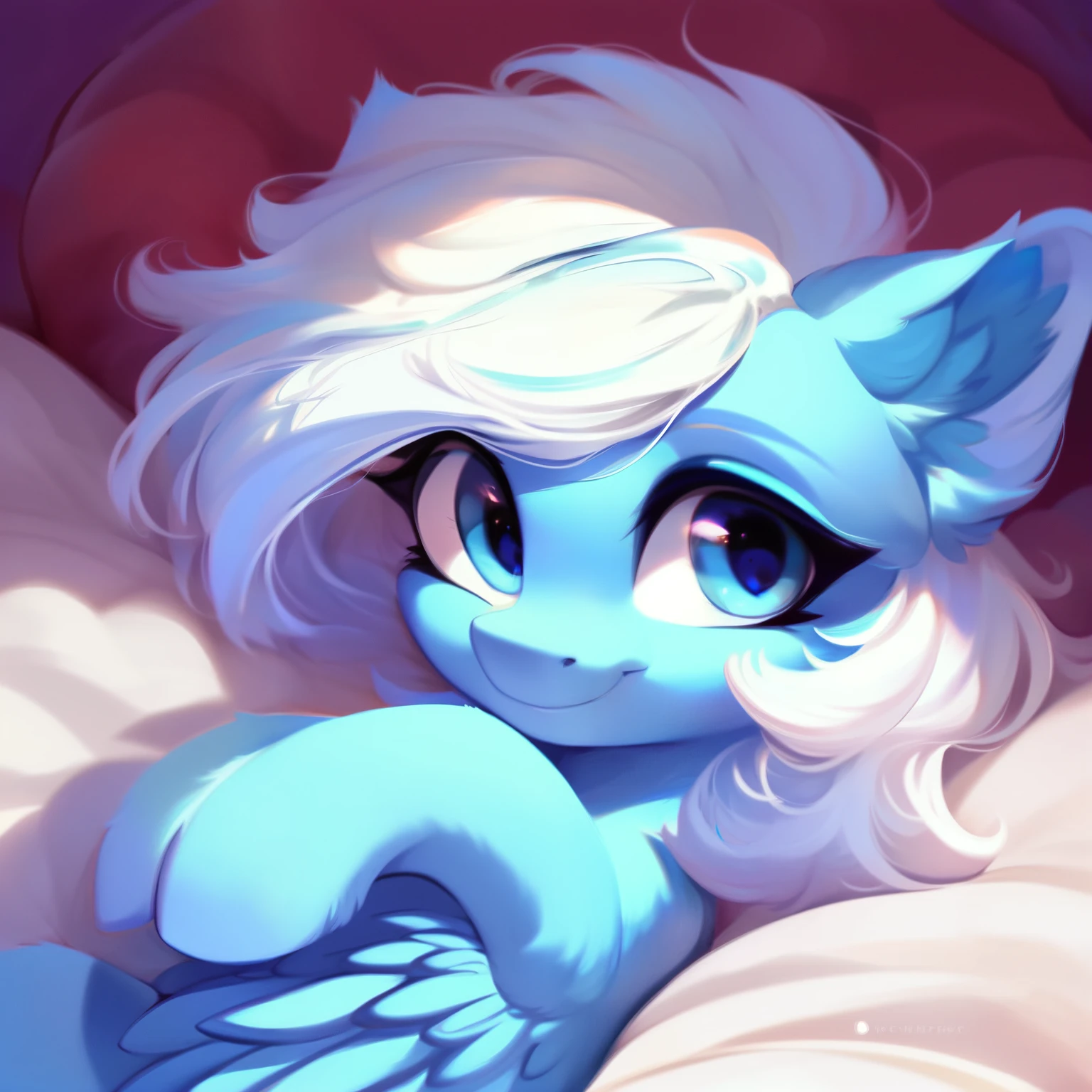 rating_safe, score_9, fluffy, feral pegasus pony,Bad，round cute face,very (((lightblue  body))), (((white short hair))) Smooth and fine semi-long bristles，Gentle and clear light blue eyes，Gentle smile。Soft tones.Lying in bed，White bed