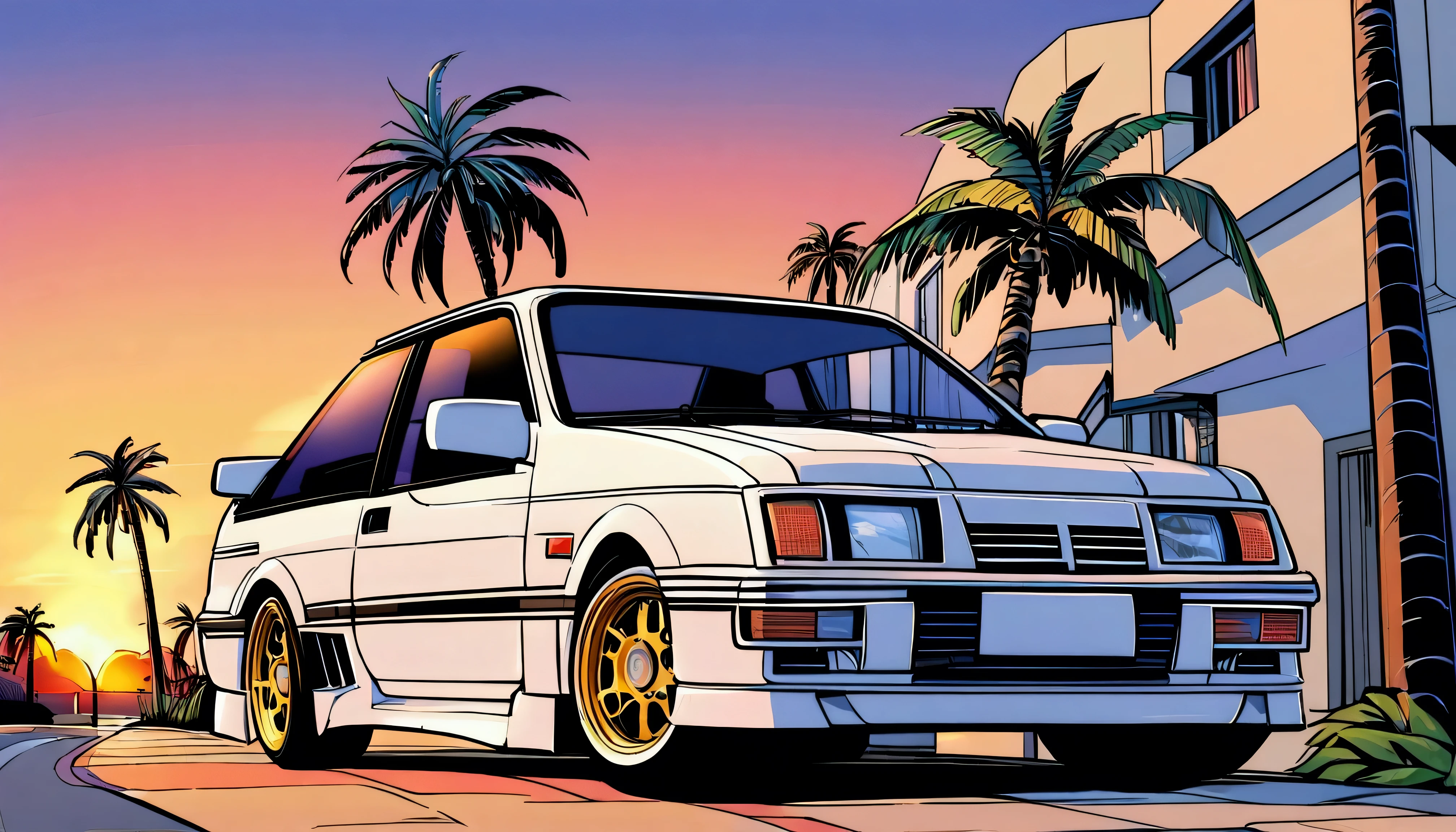 ((TShirt Design)), Ford Sierra RS Cosworth(1985), Sunset background, Palm tree, Layers with 5 colors, Corner Street, Belek's Drums, Plethean,