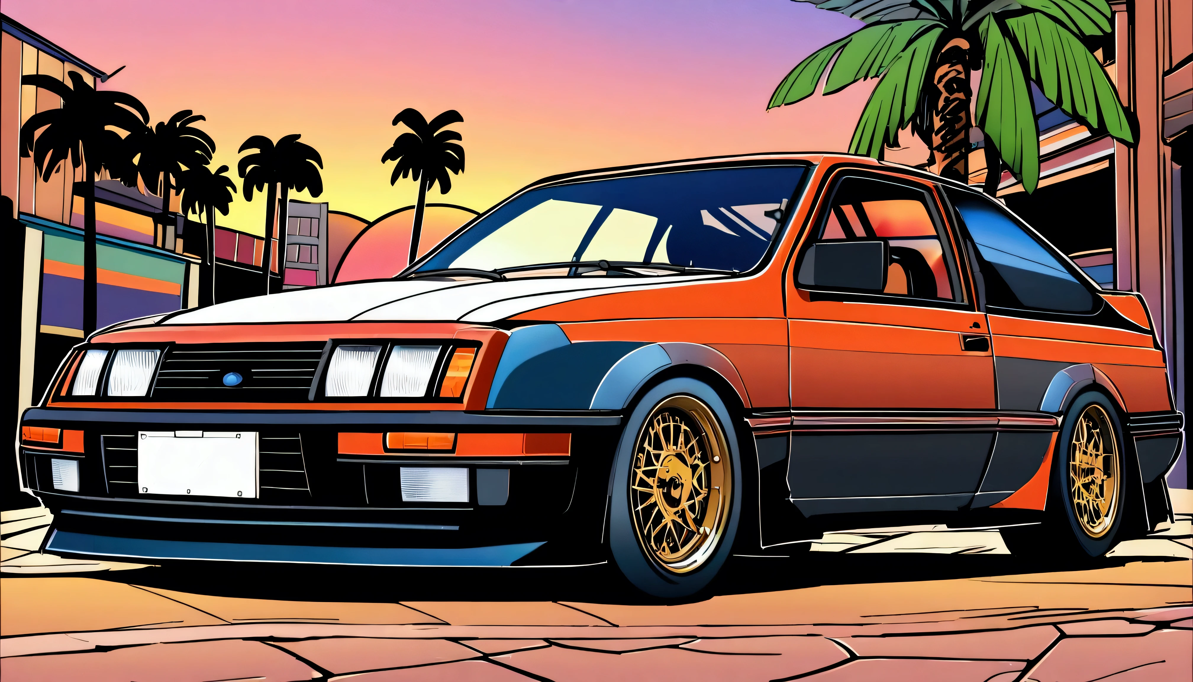 ((TShirt Design)), Ford Sierra RS Cosworth(1985), Sunset background, Palm tree, Layers with 5 colors, Corner Street, Belek's Drums, Plethean,