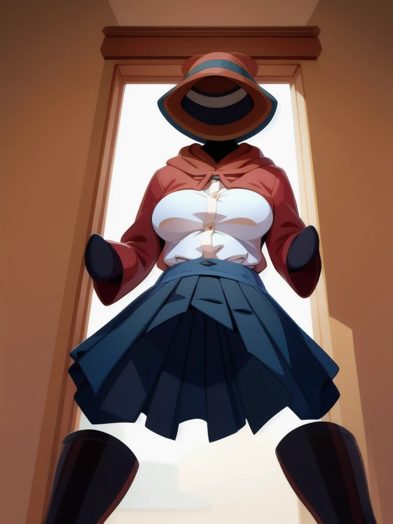 1girl, gloves, gradient background, hat, hood up, invisible, large breasts, loafers, omurice, painting of victorian era invisible man, pleated skirt, pocket, shirt, shoes, solo
,high quality, best quality, uhd, detailed image,
(flat colors, lineless, cel shading, white countershading:1.2), masterpiece, highres, by haps, Cory Loftis, Yuumei, by braeburned, by Tom Whalen, by Shiitakemeshi, by Pino Daeni, (white background, solo focus, depth of view:1.1)