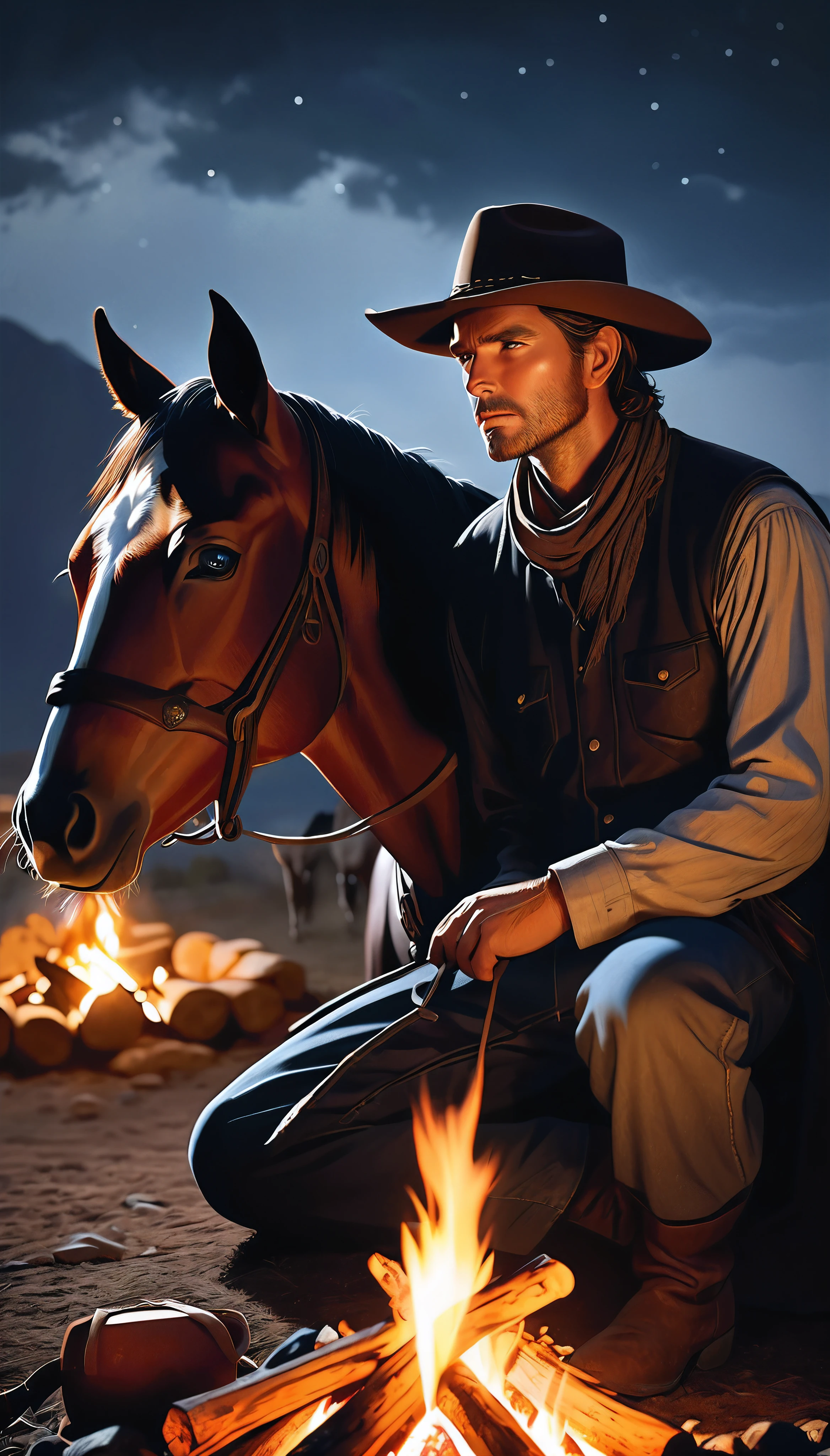 a western cowboy resting by a campfire at night, his loyal horse by his side, cattle resting in the distance, a beautiful and atmospheric night-time cattle drive scene, intense gaze filled with purpose, weary but resolute body language, alert to his surroundings and wary of cattle rustlers, sitting by the crackling fire, tenderly petting his beloved horse, an air of absolute trust and companionship, (best quality,4k,8k,highres,masterpiece:1.2),ultra-detailed,(realistic,photorealistic,photo-realistic:1.37),dramatic lighting,warm color tones,chiaroscuro lighting,cinematic composition,highly detailed portrait,detailed face and eyes,intricate fabric textures,environmental details,glowing embers,atmospheric haze,moody and contemplative
