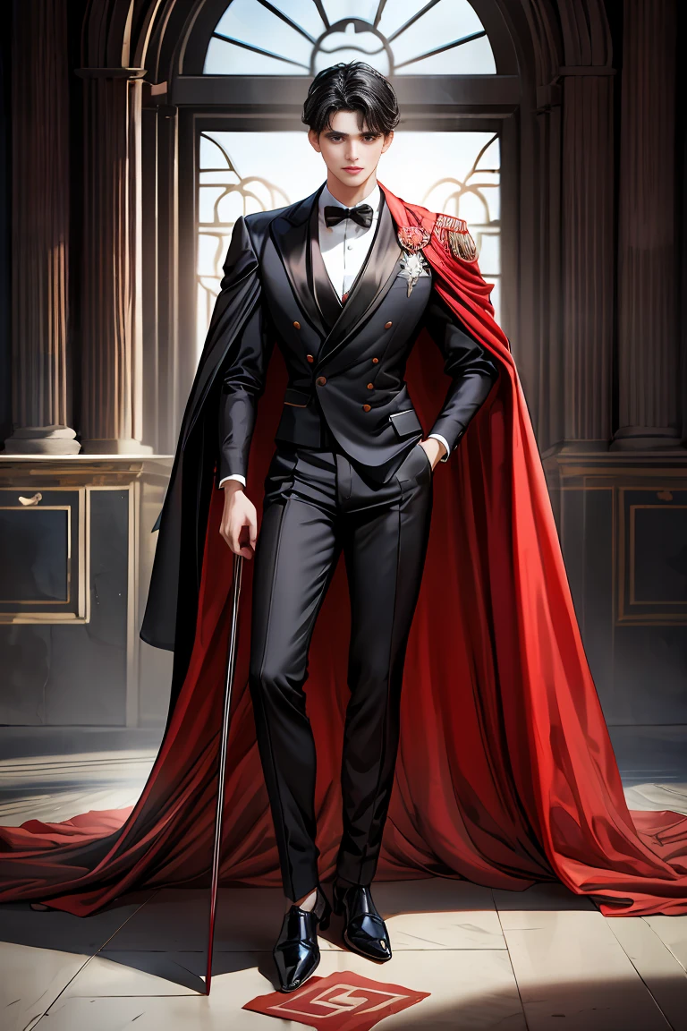 masterpiece, 最high quality, high quality, 1 boy, alone, Male focus, Watching the audience, Messy black hair, Adorable big blue eyes, White, Noble, Noble,A black and red cape that is bursting with sexy volume、Tuxedo、A very voluminous, large, very large, very large, long, long red and black cape with a high stand-up collar, made of a lot of fabric that reaches down to the floor., 17 years old,Cute beautiful boys,Cute, cute, kind, handsome guy