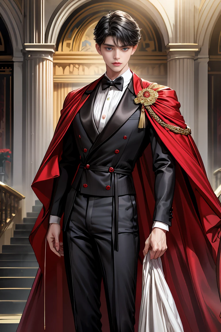 masterpiece, 最high quality, high quality, 1 boy, alone, Male focus, Watching the audience, Messy black hair, Adorable big blue eyes, White, Noble, Noble,A black and red cape that is bursting with sexy volume、Tuxedo、A very voluminous, large, very large, very large, long, long red and black cape with a high stand-up collar, made of a lot of fabric that reaches down to the floor., 17 years old,Cute beautiful boys,Cute, cute, kind, handsome guy