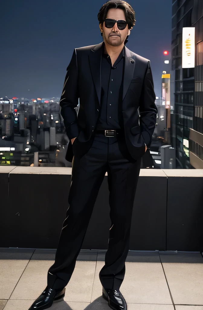 Japanese Male、50 years old、Japanese、Brown Hair、perm、beard、 average length、Tilt、Sunburn、sunglasses、Black formal suit、Best、upscale watch、upscale、Be respectful、charisma、Aura overflows、President、Central Figure、Tokyo、city pop、Big city at night、Skyscrapers、elegant、Gorgeous、whole body、Leather shoes、1 person、Businessman