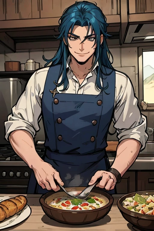 Perfect face. Perfect Hands. A muscular blue haired cowboy with gray eyes with long hair in a sheriff's outfit is making dinner in the desert of a wild west town with a big smile
