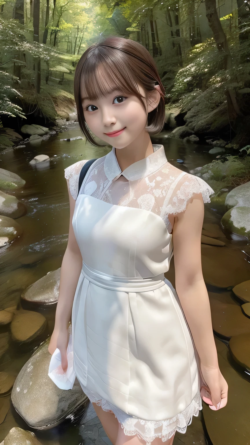 (8k, Highest quality, Masseter muscle area, Ultra-high resolution:1.2),Japanese women photos, ((Cute Girl)),(Short Hair),, White lace dress, smile, Standing by a stream in the forest,In the forest with light, Are standing,