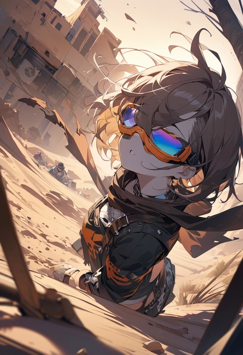 desert、punk。Tattered clotheasterpiece,Highest quality)),One girl,Beautiful attention to detail,Short Hair、Dynamic composition、Wearing a scarf、Wearing goggles