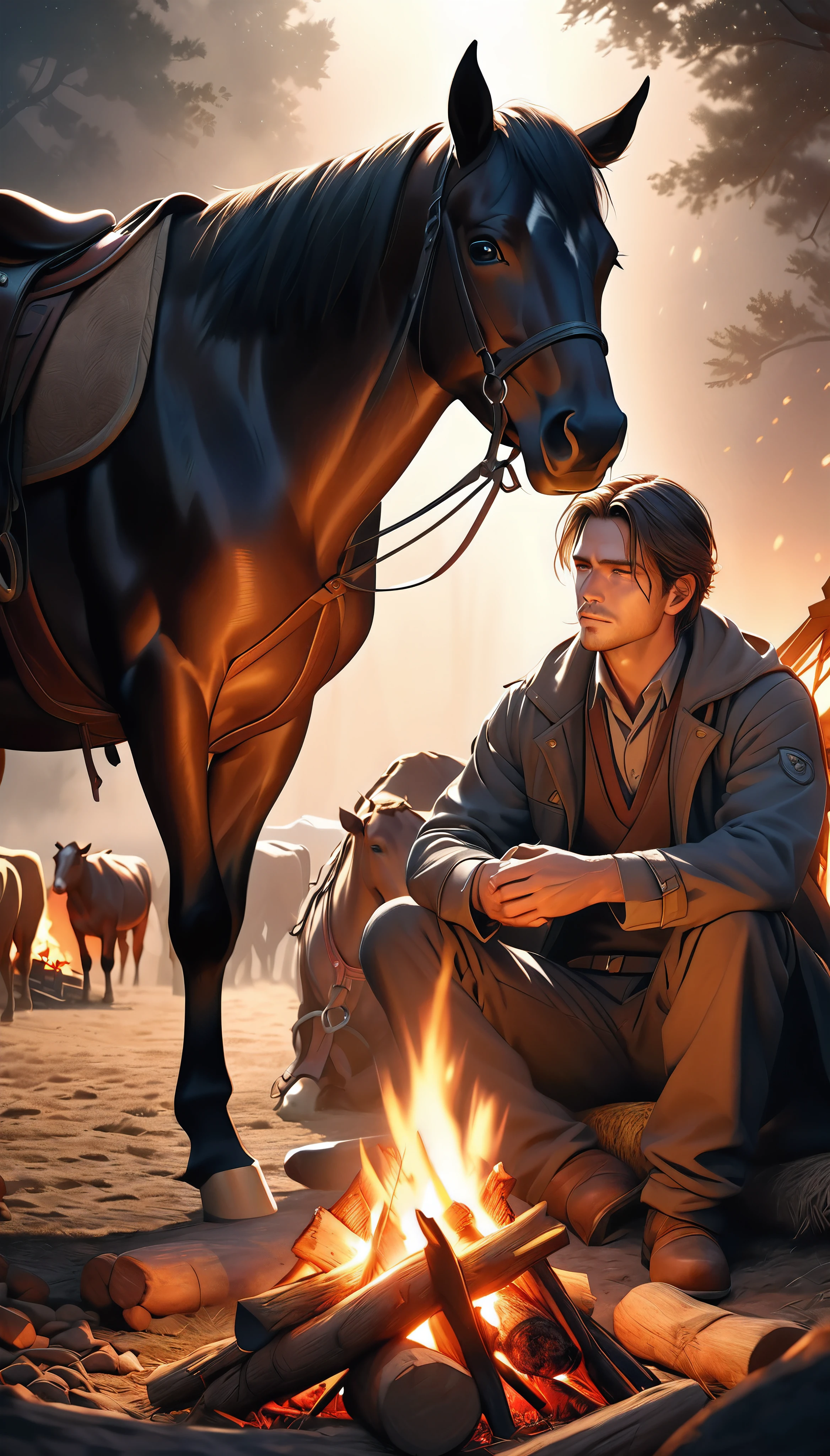 a cowboy resting by a campfire at night, his loyal horse by his side, cattle resting in the distance, a beautiful and atmospheric night-time cattle drive scene, intense gaze filled with purpose, weary but resolute body language, alert to his surroundings and wary of cattle rustlers, sitting by the crackling fire, tenderly petting his beloved horse, an air of absolute trust and companionship, (best quality,4k,8k,highres,masterpiece:1.2),ultra-detailed,(realistic,photorealistic,photo-realistic:1.37),dramatic lighting,warm color tones,chiaroscuro lighting,cinematic composition,highly detailed portrait,detailed face and eyes,intricate fabric textures,environmental details,glowing embers,atmospheric haze,moody and contemplative