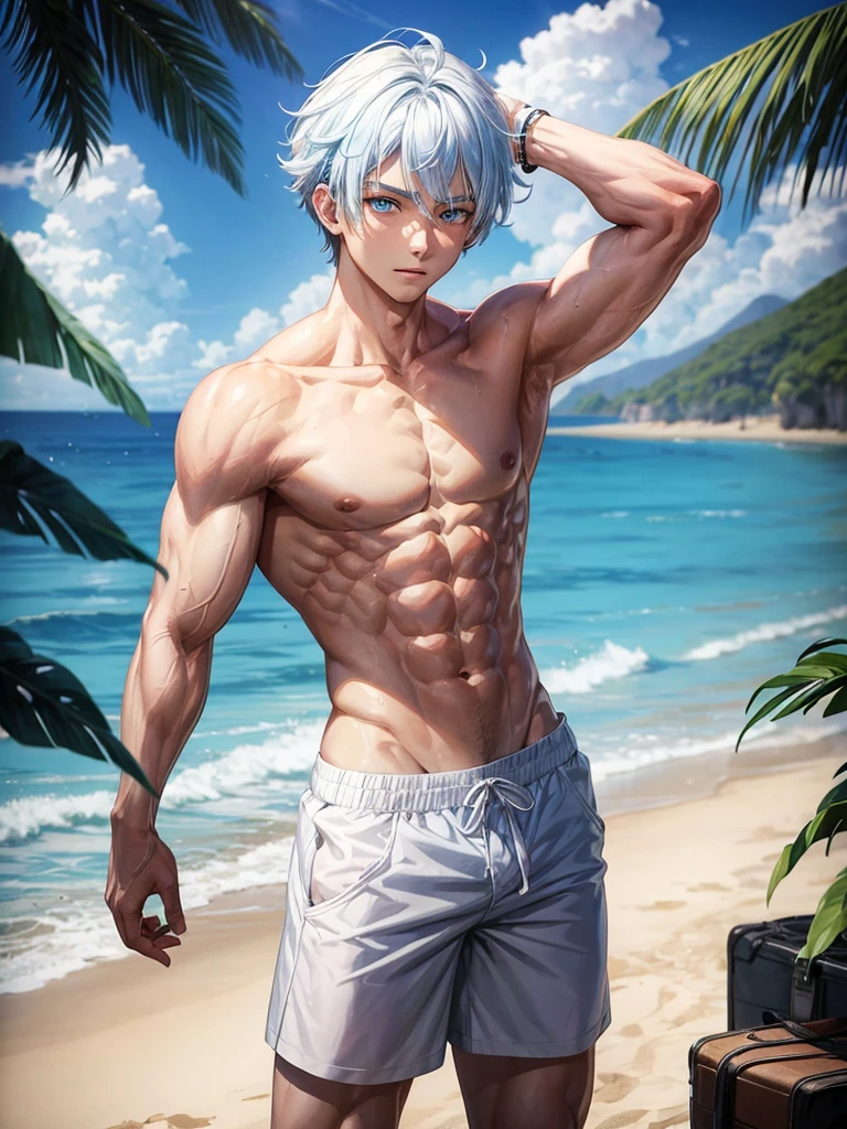 Anime guy about 15, shirtless, with blue eyes and white hair, muscular, 6 pack abs, with white shorts, on the beach