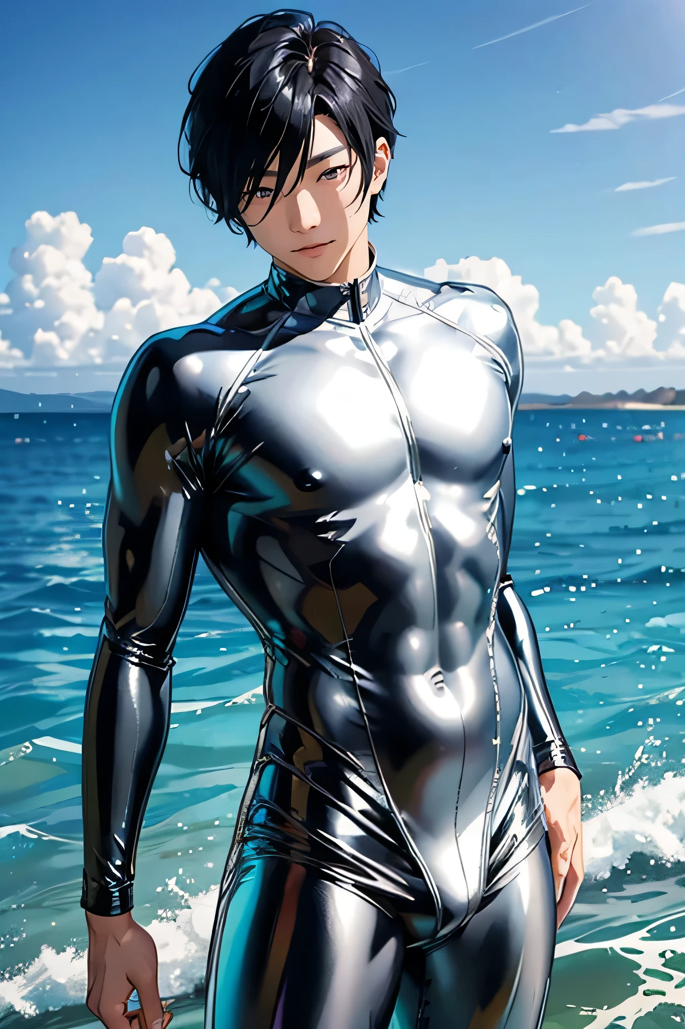 Handsome Japanese male models Black Hair Short cut Slim figure barefoot smile looking at the camera soaked Ocean Shiny white and silver suit A shiny silver latex suit that covers the skin Bulge Close-up bright blue sky Back view Gluteus Maximus
