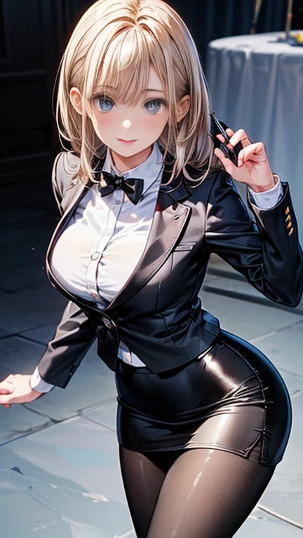 ((best quality)), ((masterpiece)), (detailed), (character focus、Breast Focus), (A girl: 1.5)、4K、((Symmetrical facial features)), Anime 2D Rendering, Realistic young anime women,
Perfect face, (Anime eyes:1.2、Beautiful details、Shining eyes), Beautiful Body, Beautiful thighs, Beautiful Feet, (Beautiful fair skin:1.5)、Perfect round buttocks、 Slightly larger breasts、20 years old、
Blonde、(Flowing long hair、Both sides up)、Deep blue eyes、
(((3-piece-suit))), (white collared formal shirt), Black vest:1.4, (((suit)))、(Black Shiny Pencil Mini Skirt:1.4)、(Black pantyhose:1.4)、(Black high heels)、
Charming smile、turn around、