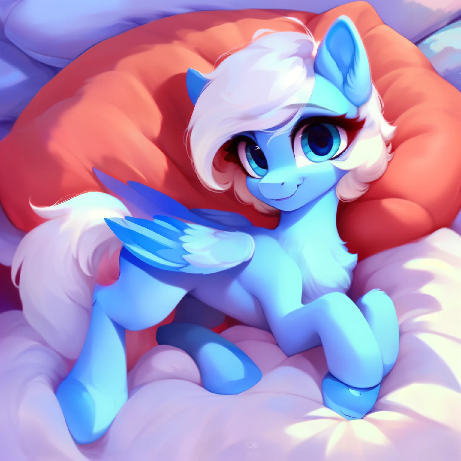 rating_safe, score_9, fluffy, feral pegasus pony,Bad，round cute face,very (((lightblue  body))), (((white short hair))) Smooth and fine semi-long bristles，Gentle and clear light blue eyes，Gentle smile。Soft tones.Lying in bed，White bed