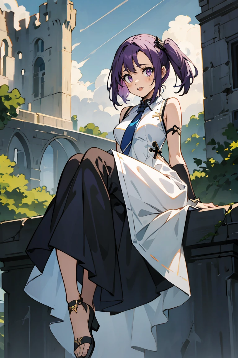 (masterpiece:1.2), (high quality:1.2), reo mikage, blue lock, girls with((1girl, solo, purple hair, (medium hair, right swept bangs, one side up:1.55), bare shoulder, blush, breasts, choker, cleavage, cowboy shot, collar, collarbone, rosary, cross, white clothes, blouse, white dress, sleeveless, collared shirt, collarbone, necktie, black sleeves, arm wears, elbow armwarmers, navy cheongsam, cinderella dress, long dress, frilled panniers, (open dress:1.34), black leggings, boots, sandals, bare legs, sittings)), background with((fantasy world, ruin, castle, beautiful sky, shining sky, sunshine:1.35))