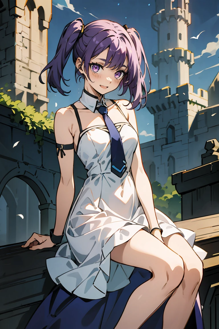 (masterpiece:1.2), (high quality:1.2), reo mikage, blue lock, girls with((1girl, solo, purple hair, (medium hair, right swept bangs, one side up:1.55), bare shoulder, blush, breasts, choker, cleavage, cowboy shot, collar, collarbone, rosary, cross, white clothes, blouse, white dress, sleeveless, collared shirt, collarbone, necktie, black sleeves, arm wears, elbow armwarmers, navy cheongsam, cinderella dress, long dress, frilled panniers, (open dress:1.34), black leggings, boots, sandals, bare legs, sittings)), background with((fantasy world, ruin, castle, beautiful sky, shining sky, sunshine:1.35))