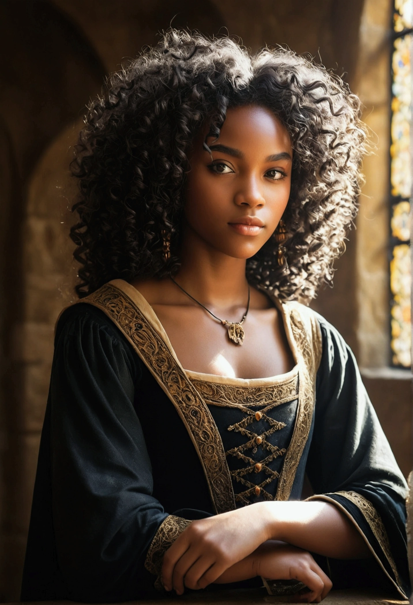 create a black girl with curly hair in the medieval era