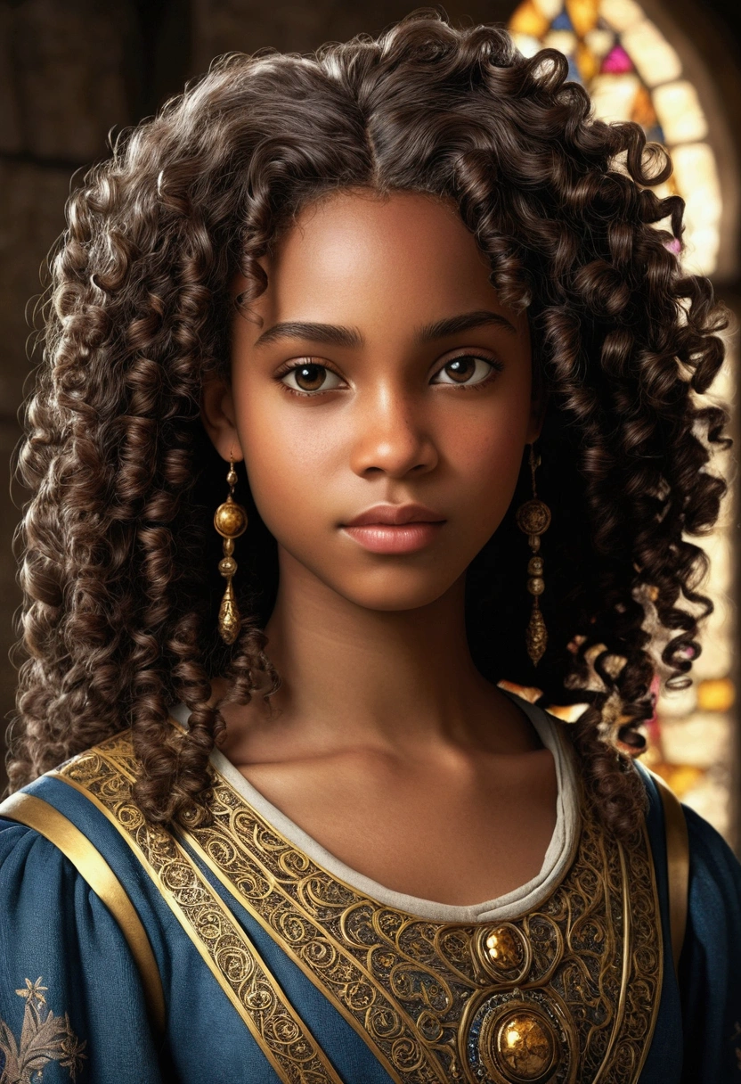 create a black girl with curly hair in the medieval era