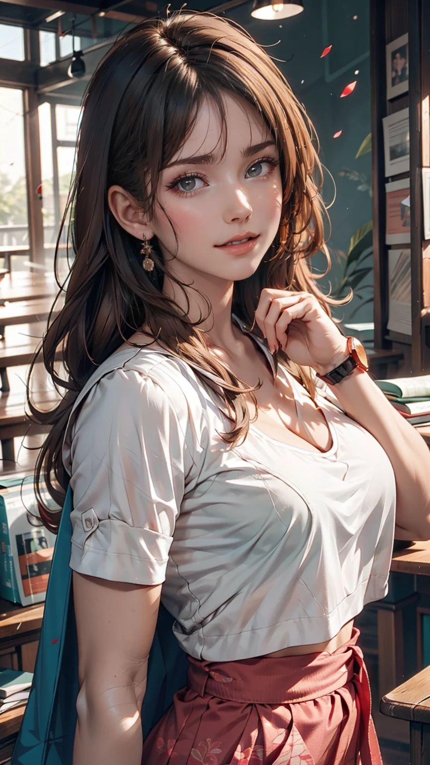 Asian, beautiful, thin, cute, 30th Generation, beautiful Face, beautiful Skin, actress, mature, Upper Body, Light brown hair, thin髪, Live Action, masterpiece, Highest quality, Highly detailed CG Unity 8K wallpaper, Ultra-high resolution, Casual Fashion, Lighting, Summer Fashion, (Natural brown hair: 0.8), (Puffy eyes), Watch the audience, turn around, Bleached Hair, Model pose, Pastel Green Background、Delicate skin types, Light curly hair, Put your hands around your mouth, White T-shirt, Hair model photo、24-year-old woman、???? proportionature女体、???? proportionakeup、Lips with red lipstick、Textured skin((textured skin))、smile、Narrow waist