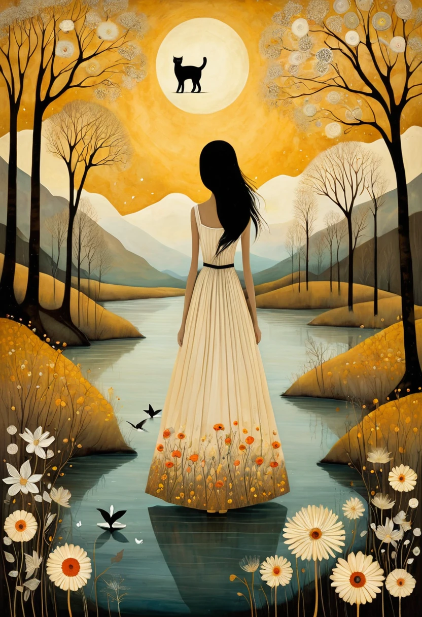 In the Style of Andy Kehoe and Tracy Grimwood . Stylized figures. Ethereal woman with a smoky white body, wearing a wide skirt with motifs of flowers, leaves, walks on the waters of a river and some cats watch her. Background mustard-colored sun, hills, birch trees, poppy flowers and and blooming dandelion blossoms.