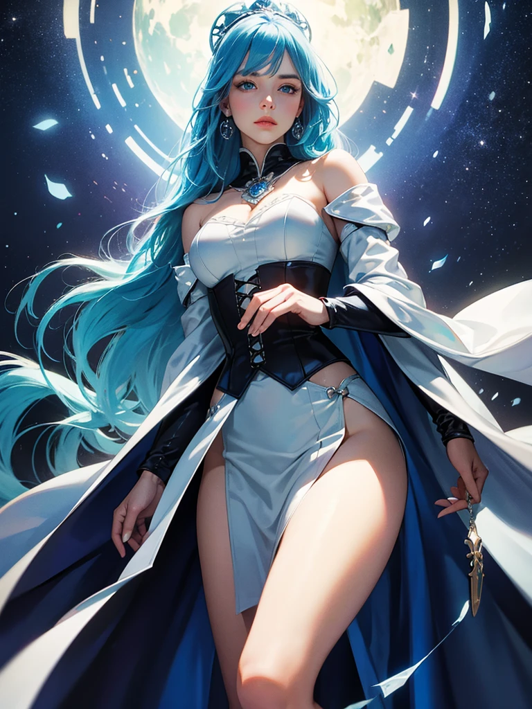((highest quality)),(Ultra-high resolution),(Very detailed),(Detailed Description),((The best CG)),(A masterpiece),Ultra-precise art,1woman, blue hair, hair looks like stiffened needles of ice, long spike ice hair, large hair, left side braid, pale blue color skin, bluish light that faintly emanates from beneath skin, blue ice eyes, scars have ribbed patterns that appear almost like old wounds that didn't close right, clothed covered saggy breasts, hair between eyes, eyelashes, BREAK earrings, silver jewelry, mage clothes, mage robe, dress, corset, underbust, fur trim, blue cape, fur trimmed cape, long sleeves, gloves, BREAK arm at side, standing, BREAK castle's room, BREAK cowboy shot