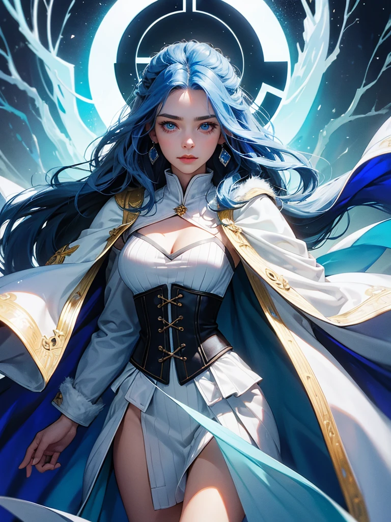 ((highest quality)),(Ultra-high resolution),(Very detailed),(Detailed Description),((The best CG)),(A masterpiece),Ultra-precise art,1woman, blue hair, hair looks like stiffened needles of ice, long spike ice hair, large hair, left side braid, pale blue color skin, bluish light that faintly emanates from beneath skin, blue ice eyes, scars have ribbed patterns that appear almost like old wounds that didn't close right, clothed covered saggy breasts, hair between eyes, eyelashes, BREAK earrings, silver jewelry, mage clothes, mage robe, dress, corset, underbust, fur trim, blue cape, fur trimmed cape, long sleeves, gloves, BREAK arm at side, standing, BREAK castle's room, BREAK cowboy shot