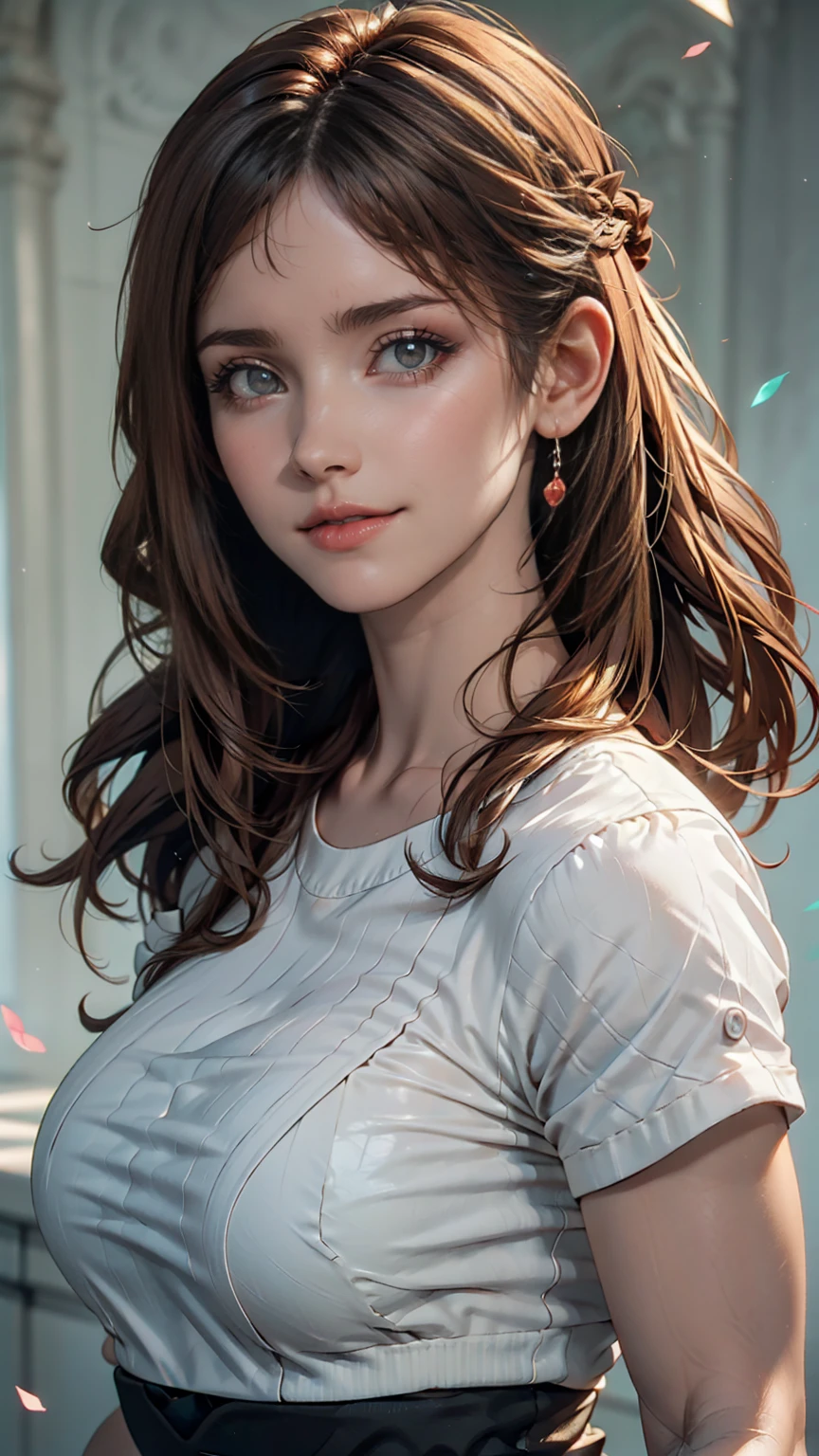 Asian, beautiful, thin, cute, 30th Generation, beautiful Face, beautiful Skin, actress, mature, Upper Body, Light brown hair, thin髪, Live Action, masterpiece, Highest quality, Highly detailed CG Unity 8K wallpaper, Ultra-high resolution, Casual Fashion, Lighting, Summer Fashion, (Natural brown hair: 0.8), (Puffy eyes), Watch the audience, turn around, Bleached Hair, Model pose, Pastel Green Background、Delicate skin types, Light curly hair, Put your hands around your mouth, White T-shirt, Hair model photo、24-year-old woman、Sexy proportionature女体、Sexy proportionakeup、Lips with red lipstick、Textured skin((textured skin))、smile、Narrow waist