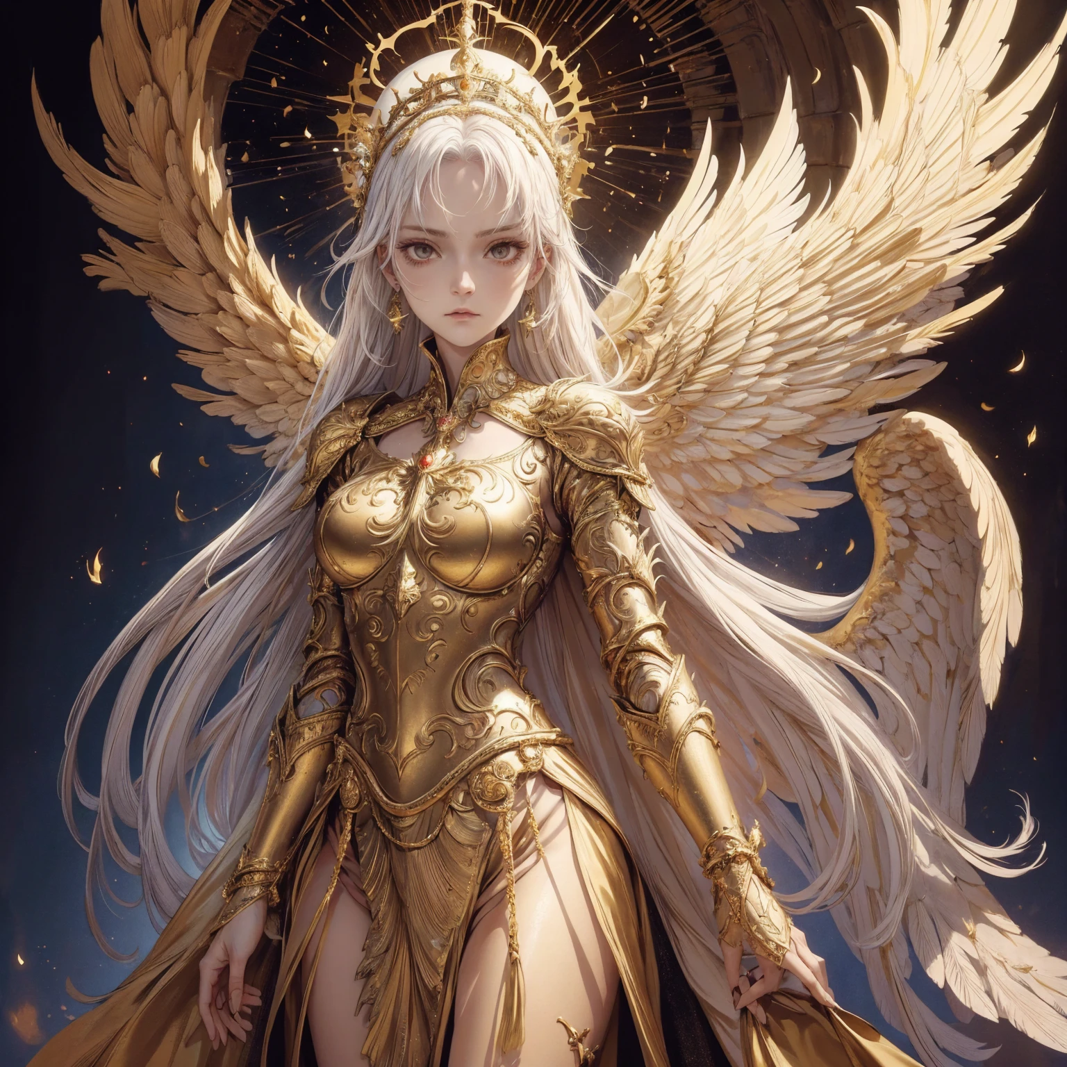 Art of Woman Wearing Sun Crown, Wearing a gorgeous golden breastplate that exposes a small amount of skin above the chest, Wearing a gorgeous golden dress, A pair of giant angel wings taller than the body spread out behind the woman., ancient goddess art, Sacredness. Very detailed, Mysterious inspiration, Inspiration from the Sun God, Religious inspiration, A divine posture, Cold and snobbish face, Dangerous expressions, White hair, Standing, Full body portrait, Gothic art style, Weird art style, Occult art
