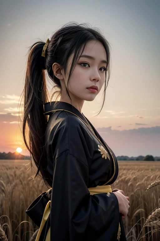 A girl in a kimono with a blank look stands waist-deep in a field of wheat, a black kimono with gold edges, her hair is tied in a ponytail, yellow eyes, the sunset is reflected in her eyes, the light falls on her face, half-sideways to the camera