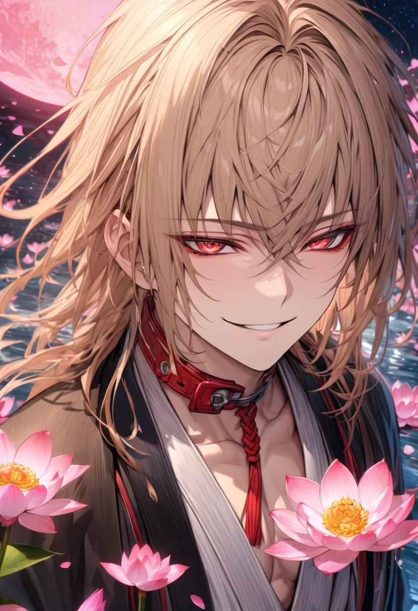 absurdres, highres, ultra detailed, HDR, master piece, best quality, extremely detailed face, delicated features, Kazama Chikage, dark blonde hair, expressive red eyes, Hakuouki, solo, sexy man, handsome, smile, white kimono, black haori, pink lotus, red collar, pink petals, water, magical, fantasy, pink moon, starry sky, envy magical