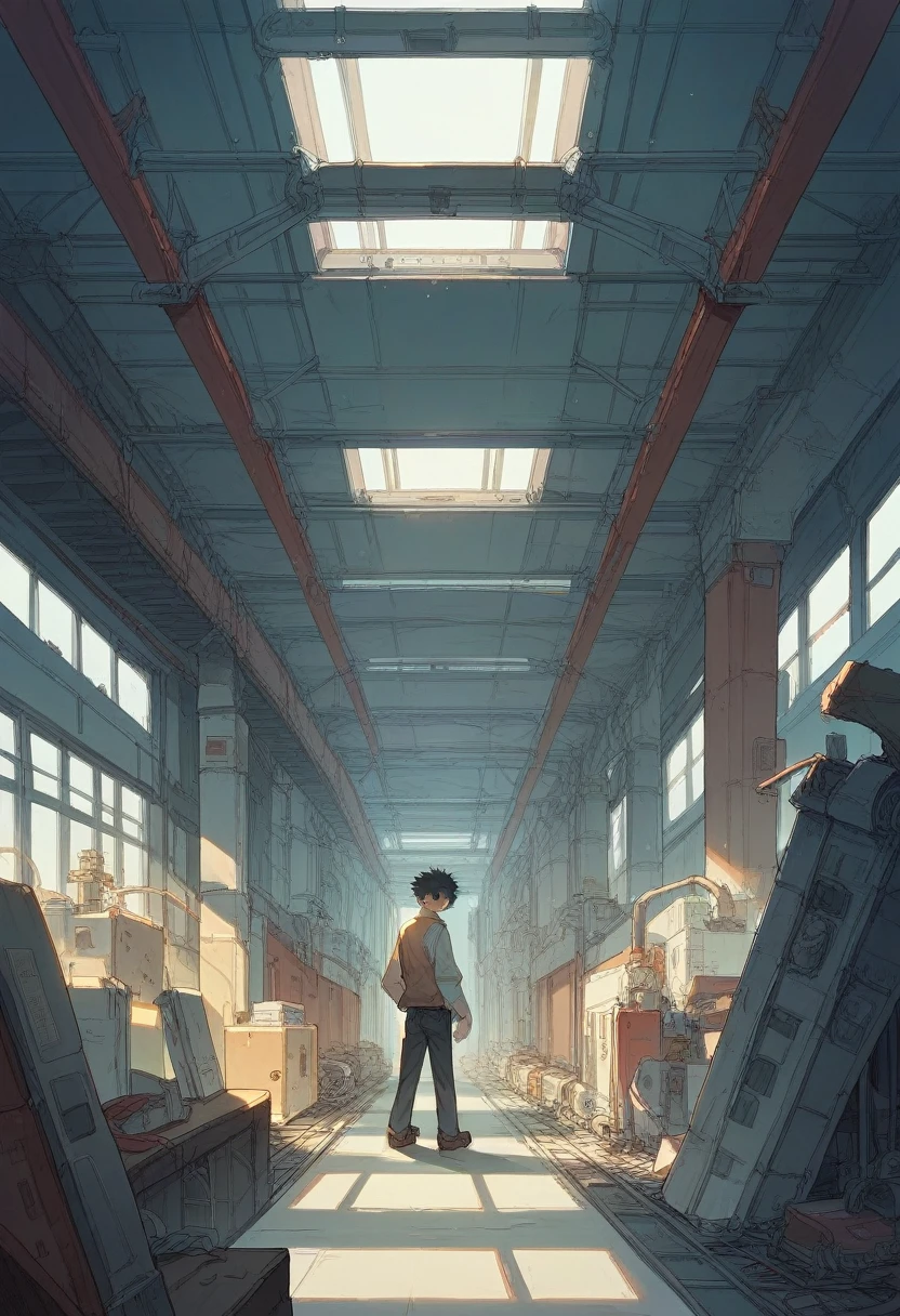 Absurd resolution, high resolution, (masterpiece: 1.4), hyper-detail, young man's messy short black hair, welder dressed up, factory high-tech workbench, tech-sense screen  