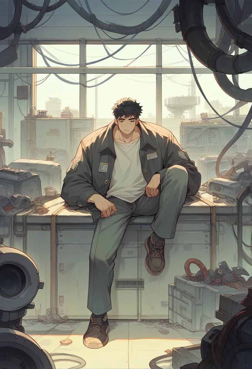 Absurd resolution, high resolution, (masterpiece: 1.4), hyper-detail, young man's messy short black hair, welder dressed up, factory high-tech workbench, tech-sense screen