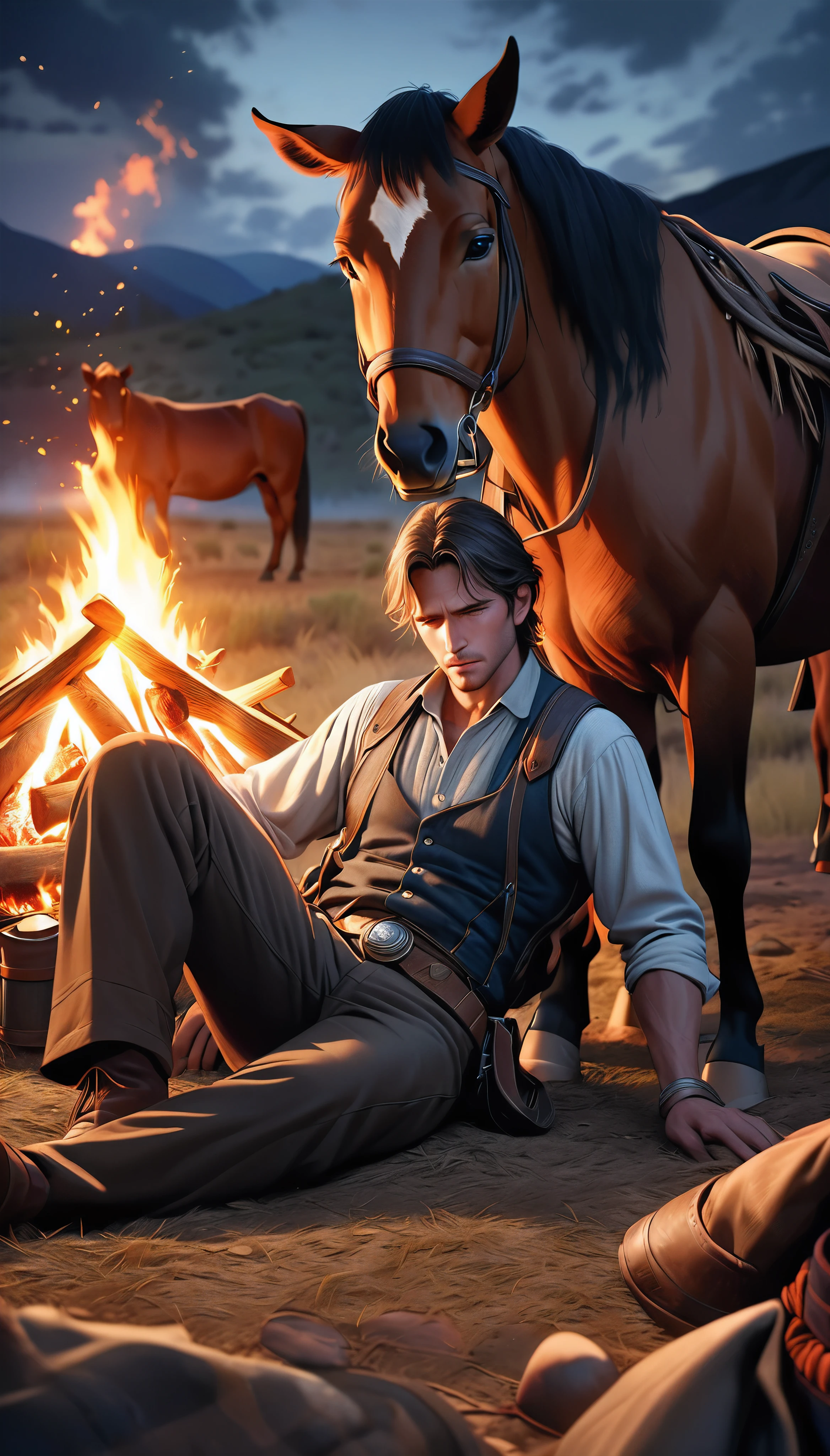 a western cowboy resting by a campfire at night, his loyal horse by his side, cattle resting in the distance, a beautiful and atmospheric night-time cattle drive scene, intense gaze filled with purpose, weary but resolute body language, alert to his surroundings and wary of cattle rustlers, sitting by the crackling fire, tenderly petting his beloved horse, an air of absolute trust and companionship, (best quality,4k,8k,highres,masterpiece:1.2),ultra-detailed,(realistic,photorealistic,photo-realistic:1.37),dramatic lighting,warm color tones,chiaroscuro lighting,cinematic composition,highly detailed portrait,detailed face and eyes,intricate fabric textures,environmental details,glowing embers,atmospheric haze,moody and contemplative