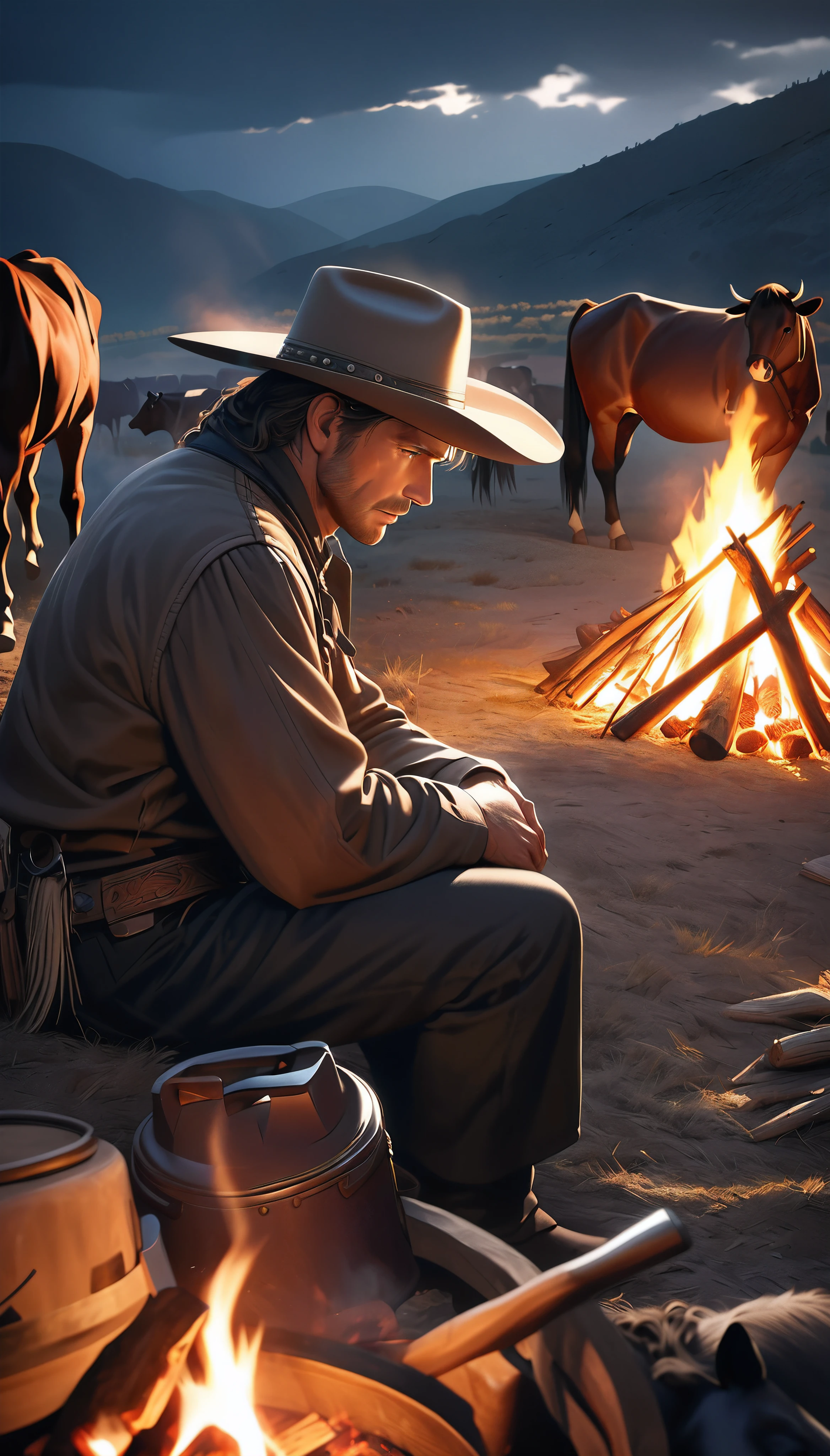 Western cowboy wearing a ten-gallon hat resting by a campfire at night, his loyal horse by his side, cattle resting in the distance, a beautiful and atmospheric night-time cattle drive scene, intense gaze filled with purpose, weary but resolute body language, alert to his surroundings and wary of cattle rustlers, sitting by the crackling fire, tenderly petting his beloved horse, an air of absolute trust and companionship, (best quality,4k,8k,highres,masterpiece:1.2),ultra-detailed,(realistic,photorealistic,photo-realistic:1.37),dramatic lighting,warm color tones,chiaroscuro lighting,cinematic composition,highly detailed portrait,detailed face and eyes,intricate fabric textures,environmental details,glowing embers,atmospheric haze,moody and contemplative